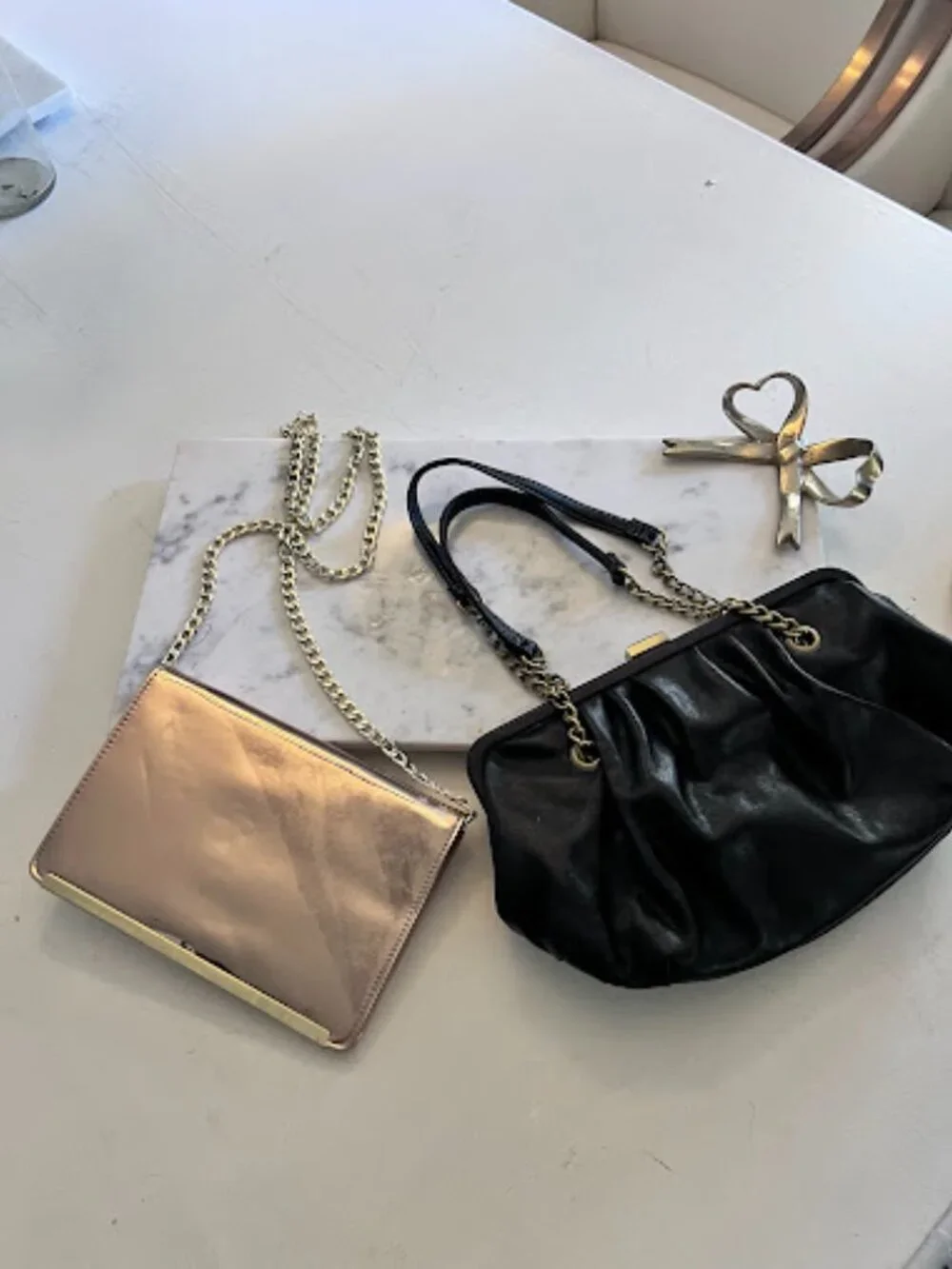 Set of 2 Evening Purses - Metallic rose-gold clutch & Soft black gathered purse